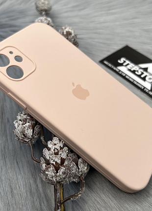 Чехол квадратный silicone case full camera 360 для iphone 11 6.1 с микрофиброй square закрытым низом камерой 13. (pink sand) пудровый
