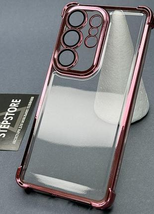 Чехол для samsung s26 ultra с линзами на камеру прозрачный хромирован ободок противоударный розовый