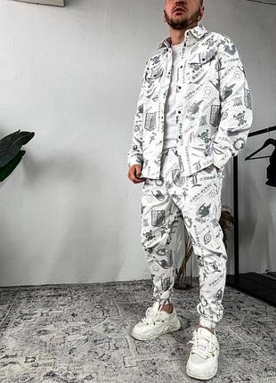 Мужской белый хлопковый костюм-двойка, повседневная рубашка и штаны с принтом m s l