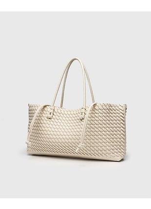 Женская плетеная сумка zara молочного цвета большая сумка-шопер на плече 38×18×9 см