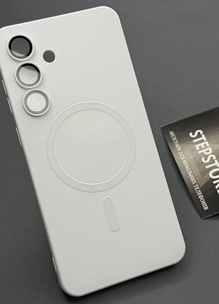 Чехол для samsung s25 с линзами на камеру magsafe силиконовый противоударный магнитный белый