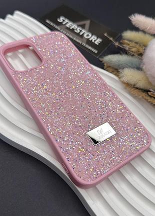 Чехол для iphone 12 pro max с камушками стразами силиконовый противоударный блестящий женский розовый