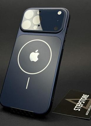 Чехол для iphone 13 pro max с magsafe линзами на камеру и логотипом стеклянный матовый glass acrylic case синий