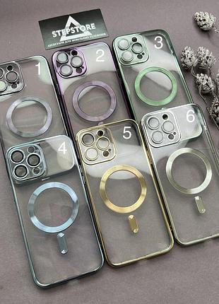 Чехол бампер для iphone 13 pro max с magsafe линзы на камеру прозрачный хромирован ободок противоударный