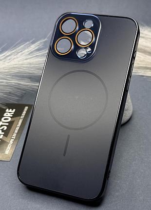Чехол для iphone 15 pro max стеклянный с хромированным ободком glass case magsafe с линзами на камеру матовый