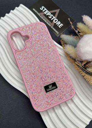 Чехол для iphone 16 plus с камушками стразами силиконовый противоударный блестящий женский розовый