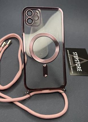 Чохол для iphone 11 прозорий із чорним обідком шнурком на шию та magsafe та лінзами на камеру рожевий