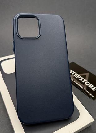 Чохол leather case для iphone 12/12pro з magsafe без лого під шкіру із закритим низом із мікрофіброю синій