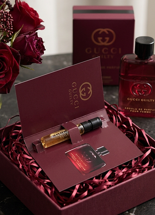 Gucci guilty absolu de parfum pour femme
амбровый цветочный аромат с пряно-сладкими глициниями, миндальными оттенками кофе пробный образец, 1,5 мл.