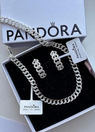 Набор серебряных украшений пандора с паве колье и серьги pandora