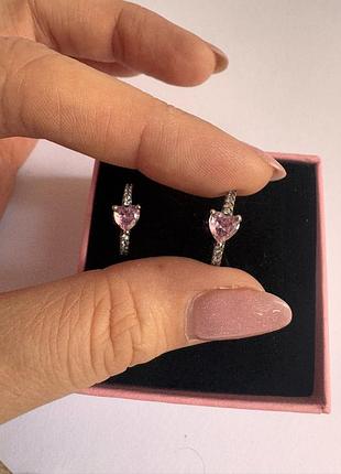 Серьги розовые сердечки кольцо серебряные пандора pandora