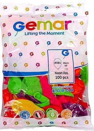 Кульки різнобарвні 10" (26 см) "неон" "gemar" 100 шт.