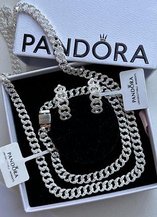 Набір прикрас пандора з паве браслет, кольє та сережки pandora 18