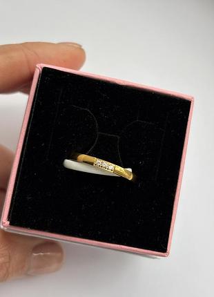 Кольцо керамическое двойное цельное белое в золоте 19