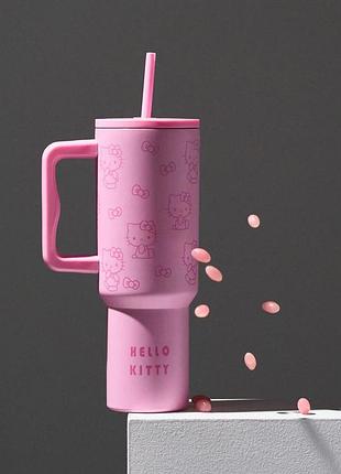 Нова термокружка «hello kitty» рожева з ручкою і трубочкою 1200 мл