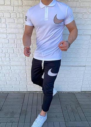 Мужской стильный приталенный лёгкий комплект поло и штаны чёрно-белый m