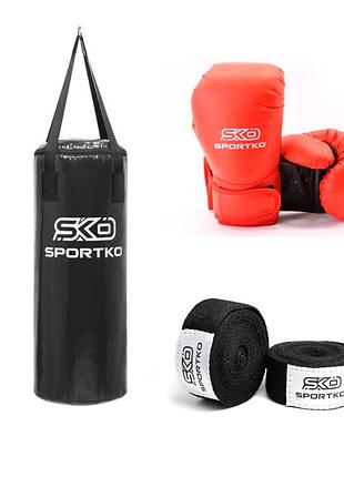 Боксерский набор (детский 5-7 лет) sportko мешок мп-6 75*29 15 кг, перчатки 6 унц пд2-6-oz, бинты 200 см в00 черный/красный