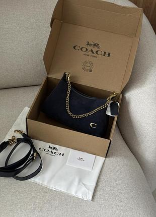 Женская замшевая сумка coach через плечо синяя 25 х 15 х 9 см