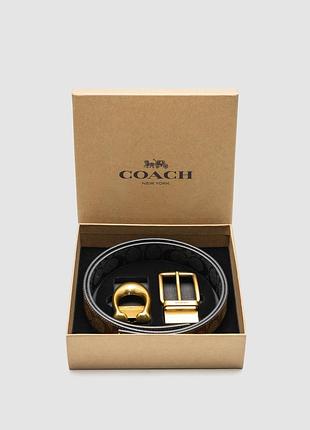 Шкіряний ремінь coach з фірмовою канвою сірий/коричневий 115 х 3.7 см