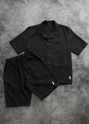 Комплект льняной рубашка + шорты polo черный