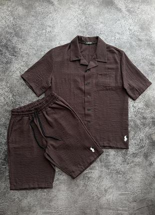 Комплект лляний сорочка + шорти polo коричневий