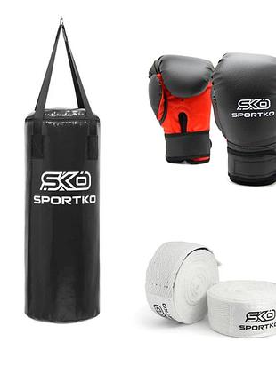 Боксерский набор (детский 5-7 лет) sportko мешок мп-6 75*29 15 кг, перчатки 6 унц пд2-6-oz, бинты 200 см в00 черный/белый