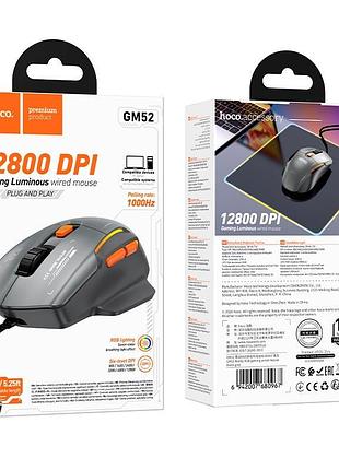 Ігрова миша hoco gm52 reddy rgb 12800 dpi, 6 кнопок, usb, провідна, rgb-підсвічування з ефектом дихання black gray