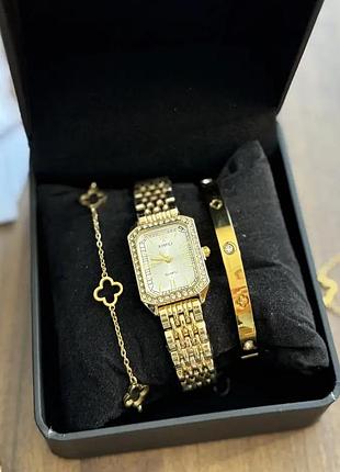 Подарочный набор украшений в кробке gonchar&co. gold white "картье" 2шт браслеты + часы, медзолото 77-721