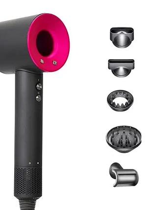 Фен с 5 разными насадками для сушки и укладки hair dryer fan серо-розовый