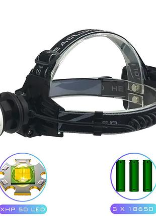 Фонарь налобный 8070-p50, 3x18650, power bank, зу type-c, zoom