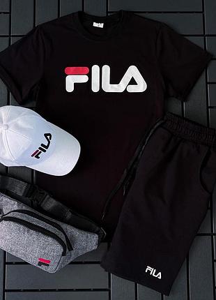 Чоловічий літній костюм fila футболка + шорти + кепка + барсетка чорний комплект філа xl (bon)