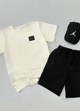 Мужской летний костюм air jordan футболка + шорты + кепка хлопковый молочный с черным комплект джордан на лето