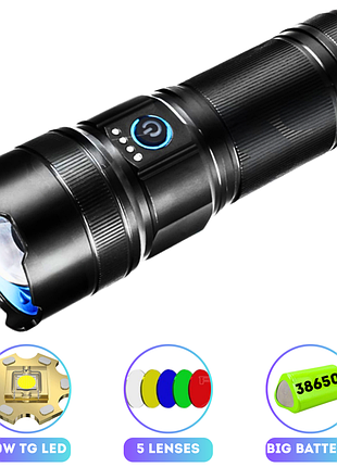 Фонарь ak180 white laser led pm30-tg, 1х38650, power bank, зу type-c, zoom, 5 фильтров