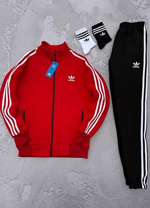Чоловічий зимовий спортивний костюм adidas червоний на блискавці комплект адідас на флісі (b)