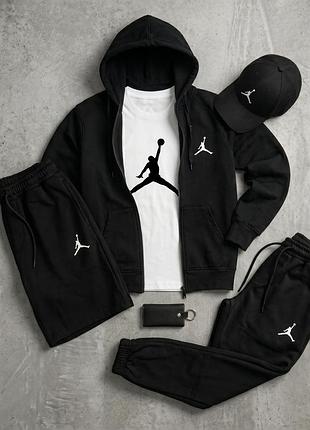 Чоловічий спортивний костюм jordan 5в1 чорний комплект джордан кофта штани шорти футболка кепка l (b)