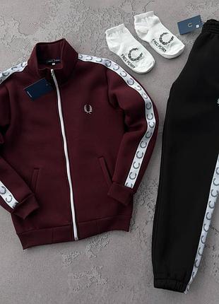 Мужской зимний костюм fred perry кофта + штаны + носки бордовый с лампасами комплект фред перри на флисе xl