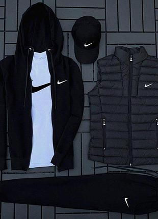 Мужской зимний спортивный костюм nike 5в1 черный комплект найк жилетка + худи + штаны + футболка + кепка (b)
