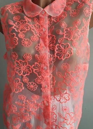 Винтаж, ажурная блуза из органзы с вишивкой