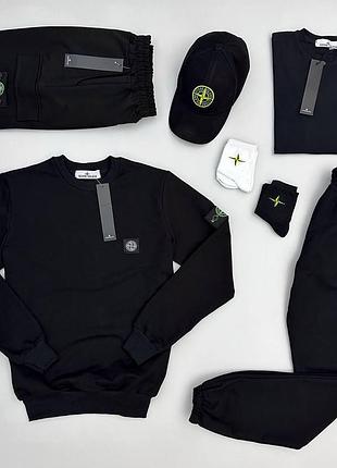 Чоловічий спортивний костюм stone island 7в1 костюм + футболка + шорти + кепка чорний стон айленд s (bon)