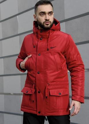 Мужская зимняя парка nike красная до -25*с теплая на флисе с капюшоном мужской зимний пуховик найк xxl (b)