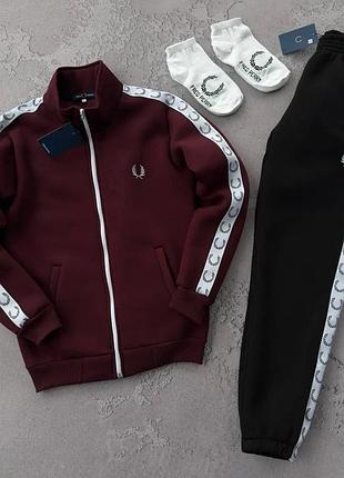 Мужской зимний костюм fred perry кофта + штаны + носки бордовый с лампасами комплект фред перри на флисе l (b)