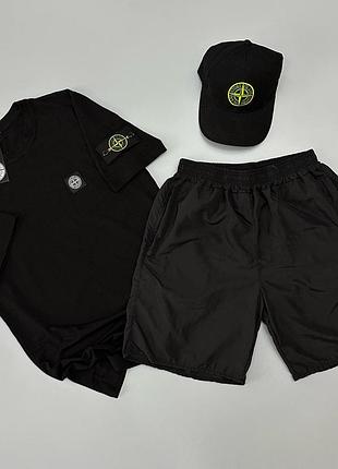 Чоловічий літній костюм stone island футболка + шорти + кепка чорний із патчем стон айленд на літо (b)