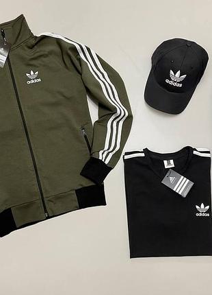 Мужской спортивный костюм adidas 4в1 хаки с черным с полосами без капюшона адидас весенний осенний xl (bon)