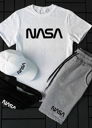 Чоловічий літній костюм nasa футболка + шорти + кепка + барсетка в подарунок білий із сірий комплект наса m (bon)
