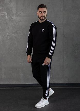 Чоловічий зимовий спортивний костюм adidas чорний із лампасами без капюшона комплект адідас на флісі xxl (bon)