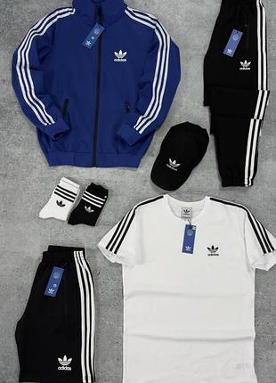 Мужской костюм adidas 5в1 кофта на змейке + штаны + шорты + футболка + кепка + носки синий адидас весенний (b)