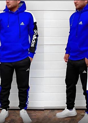 Мужской зимний спортивный костюм adidas синий комплект худи штаны на флисе xl (b)