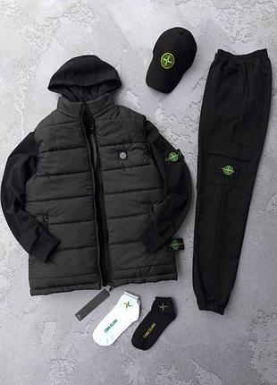 Мужской костюм stone island + жилетка + кепка + носки черный с патчем комплект стон айленд весенний осенний