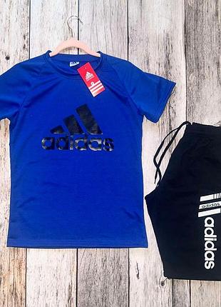 Чоловічий літній костюм adidas футболка + шорти синій адідас на літо (b)