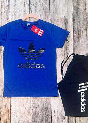 Чоловічий літній костюм adidas футболка + шорти синій адідас на літо (b)
